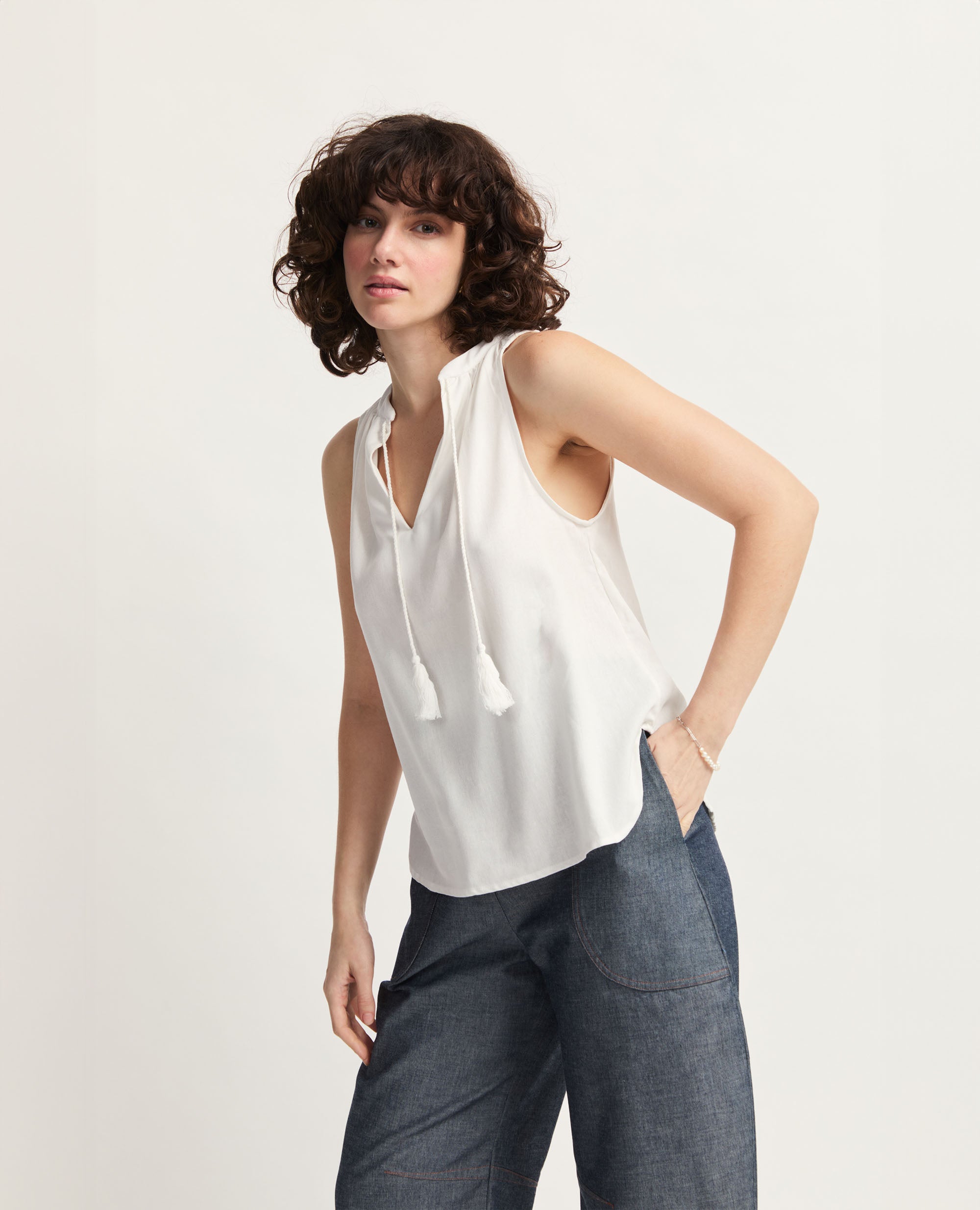 Alfama | Tassle Tie Blouse | White