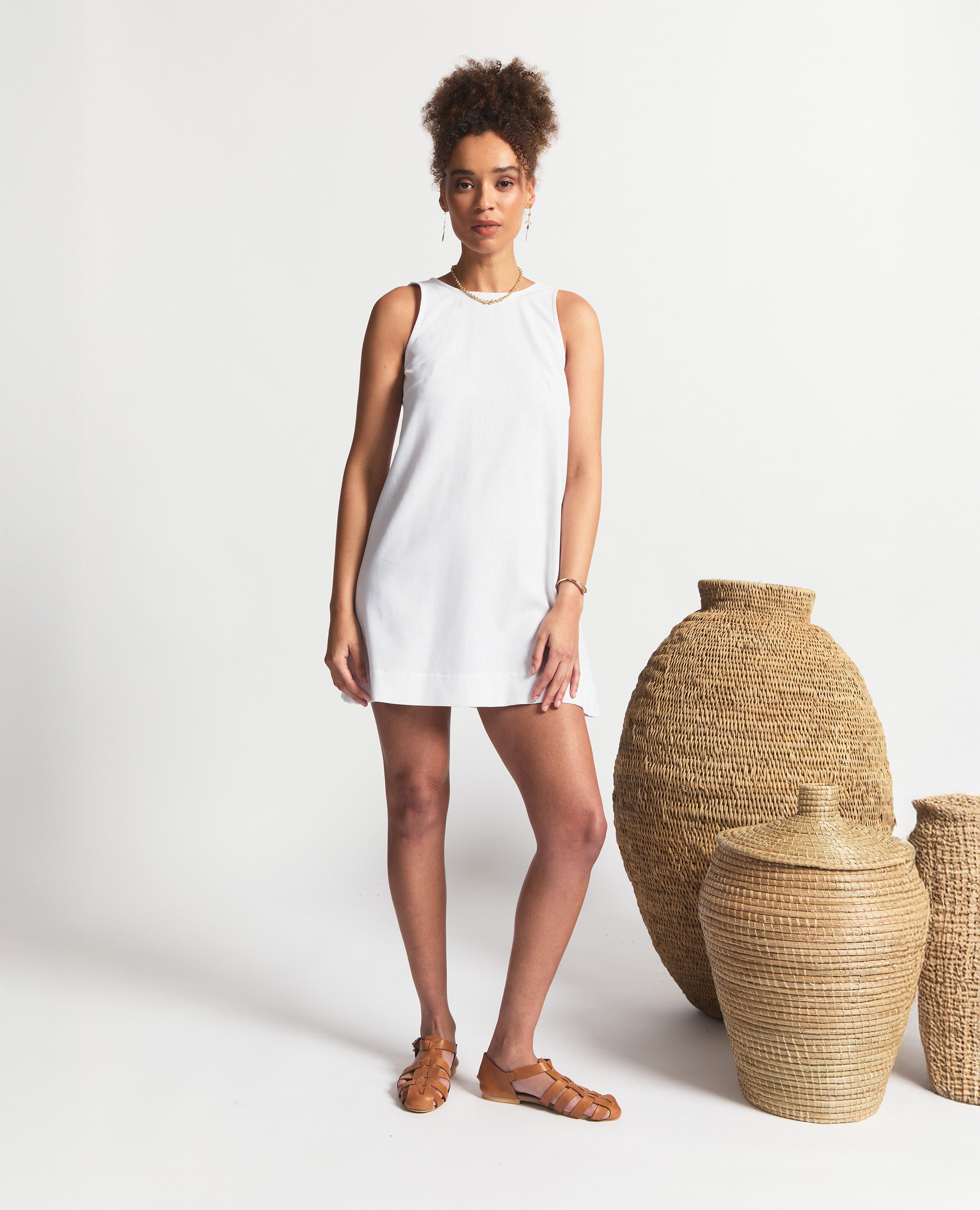 Mini | Sleeveless Open Back A-Line Dress | White