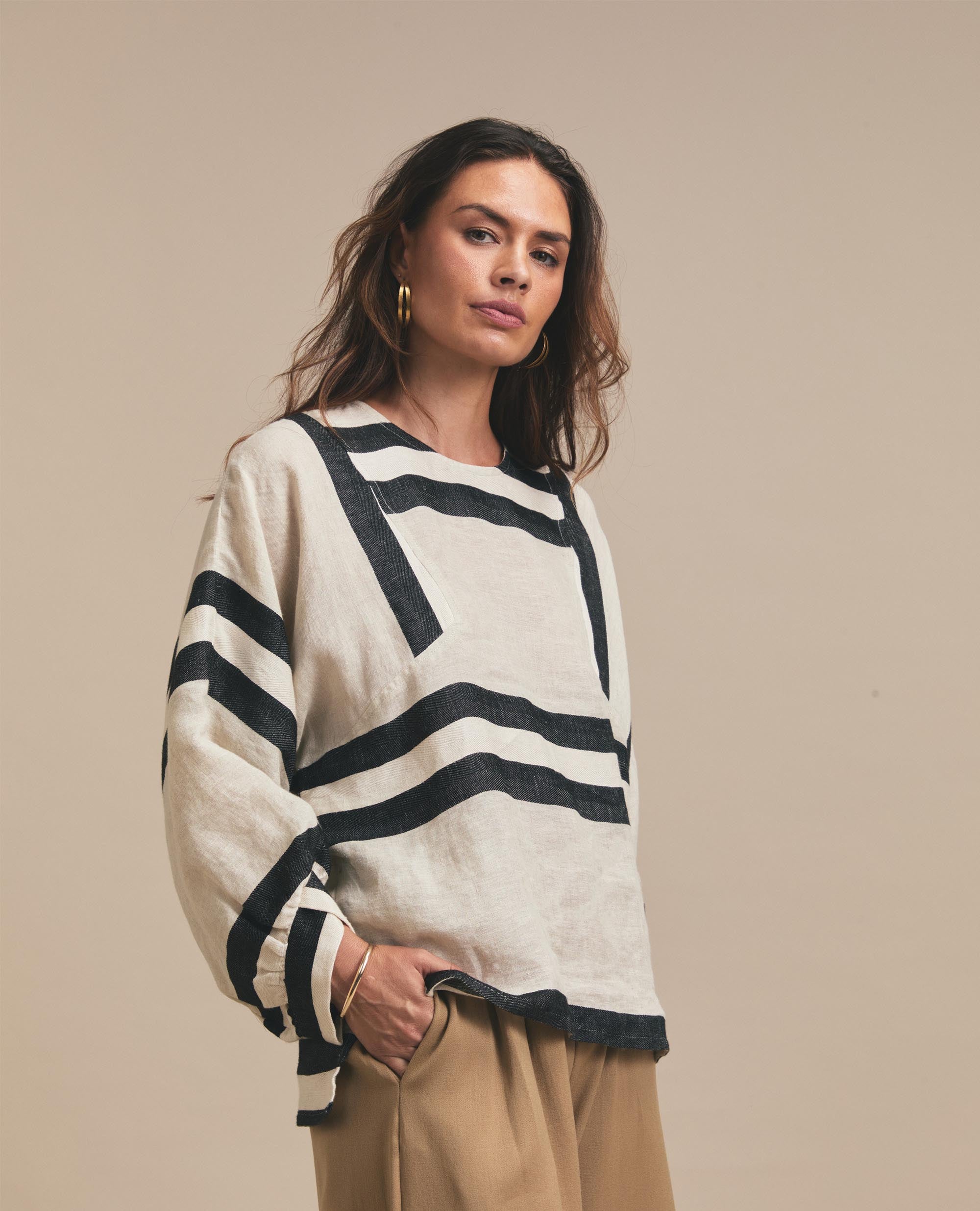 Helena | Oversized Blouse | Black & Beige Stripe