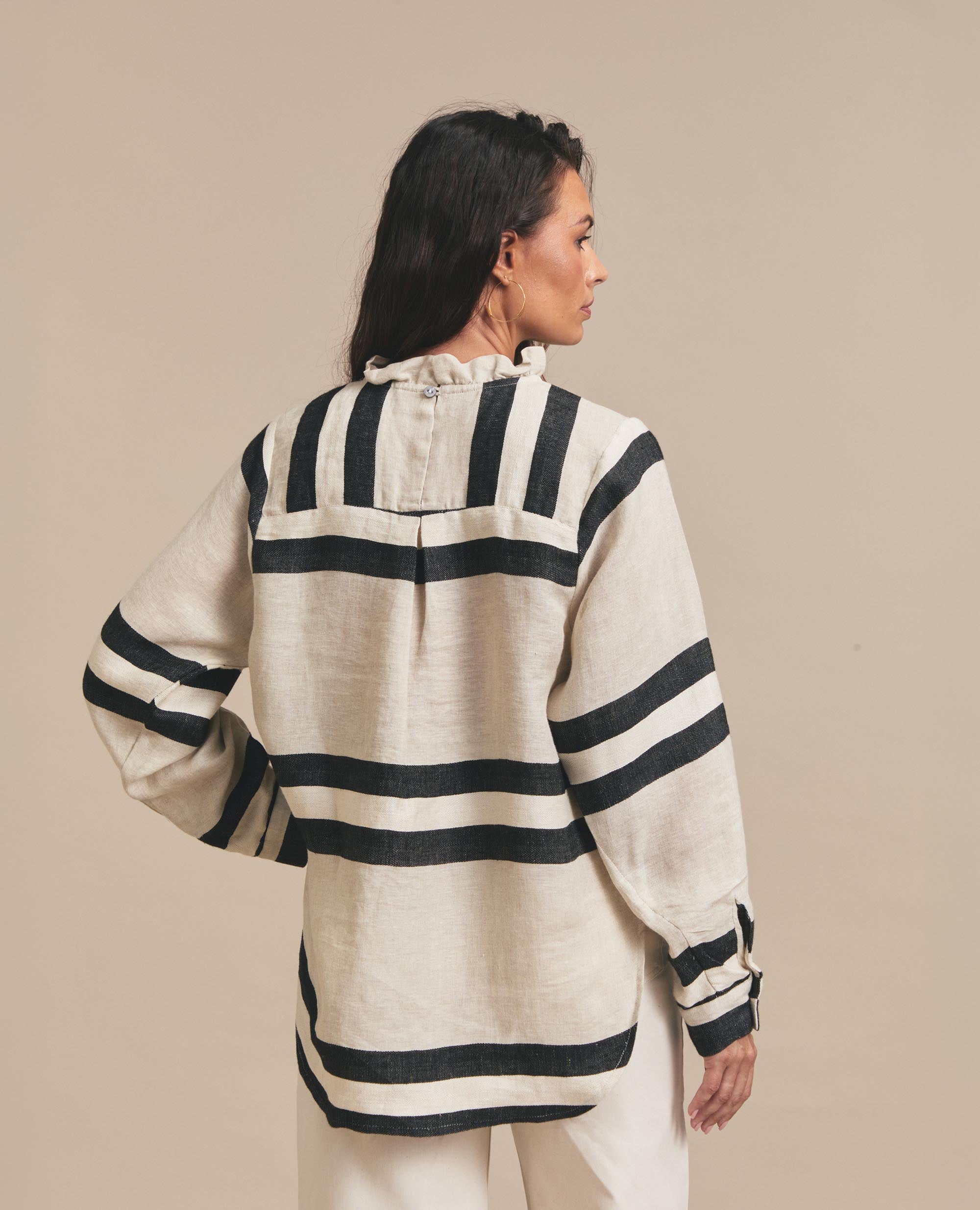 Luisa | Frill Neck Blouse | Black & Beige Stripe
