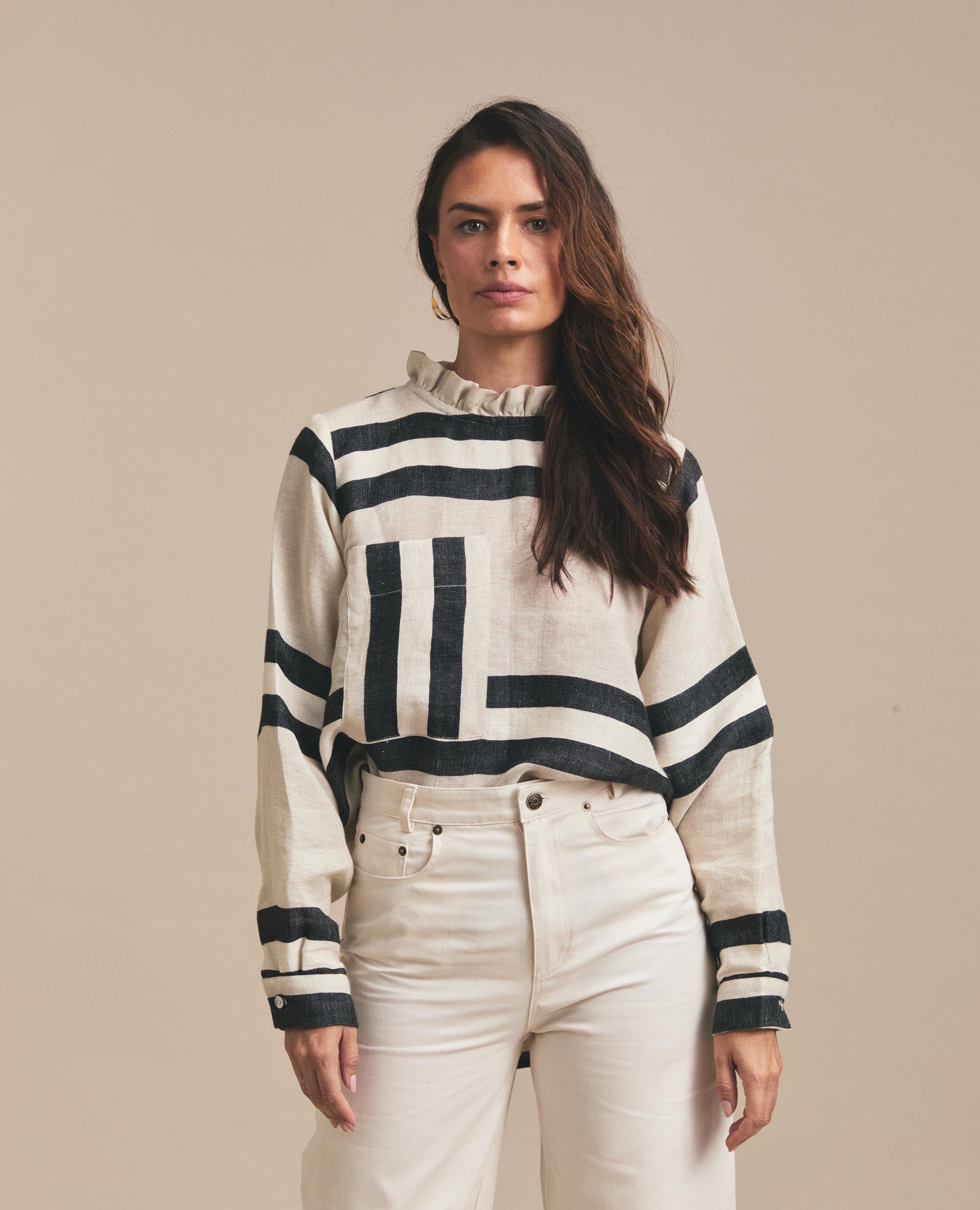 Luisa | Frill Neck Blouse | Black & Beige Stripe