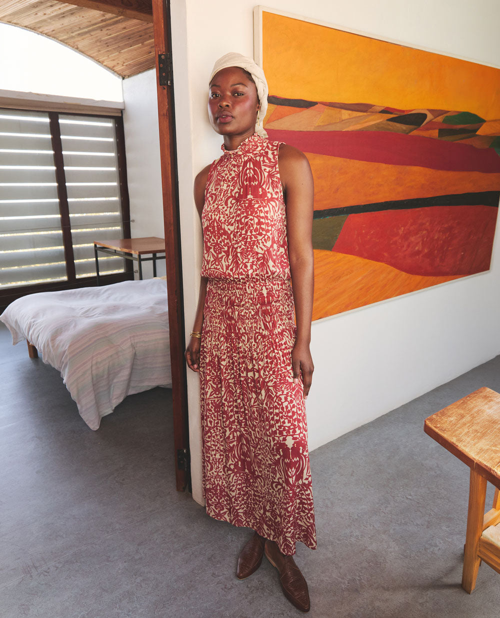 Flora | High Neck Maxi Dress | Gold Dot & Chilli Ostrich Print