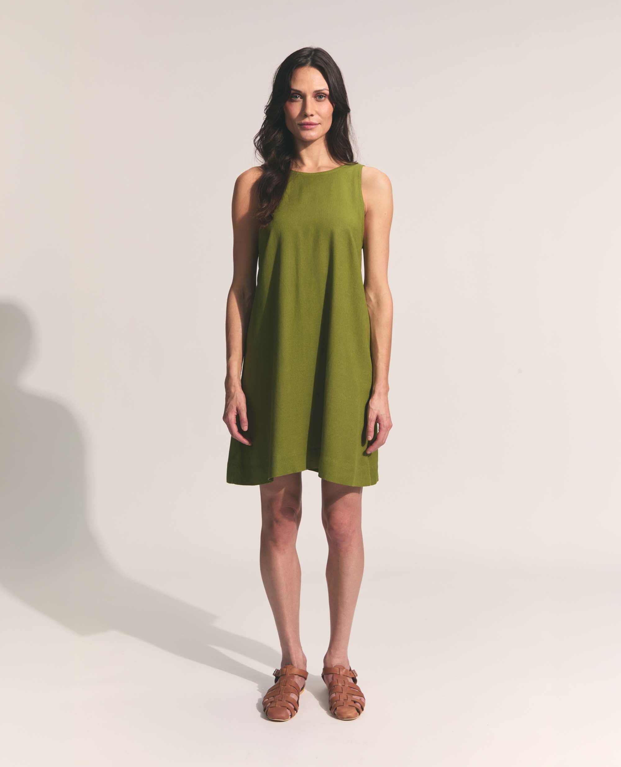 Mini | Sleeveless Open Back A-Line Dress | Green