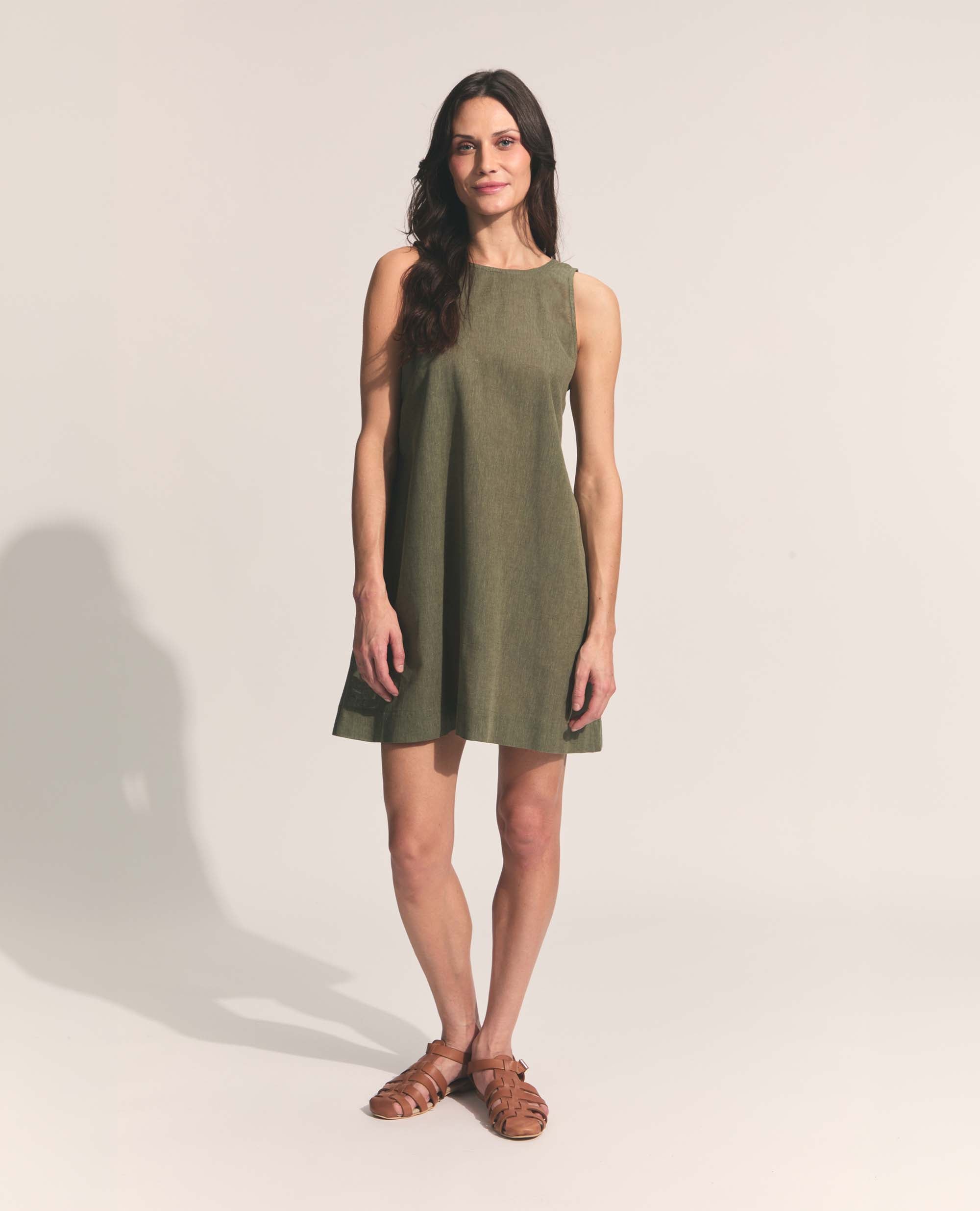 Mini | Sleeveless Open Back A-Line Dress | Khaki