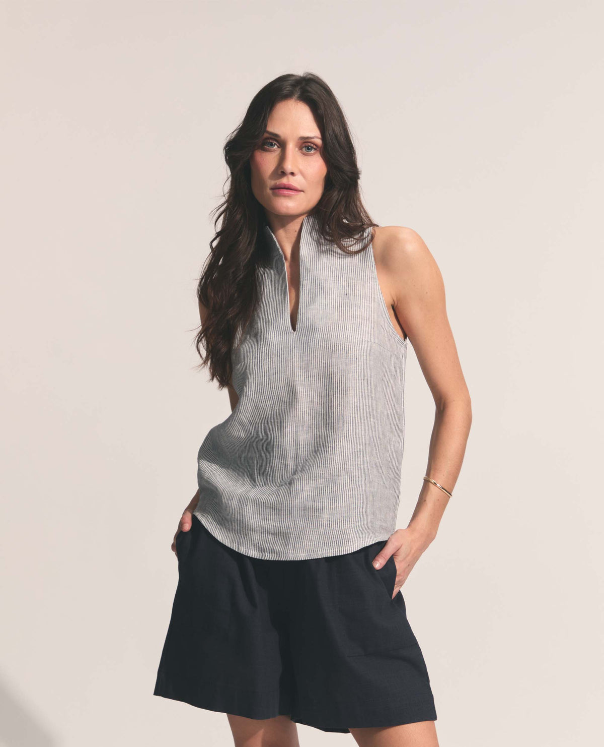 Solana | Stand Collar Top | Navy Stripe
