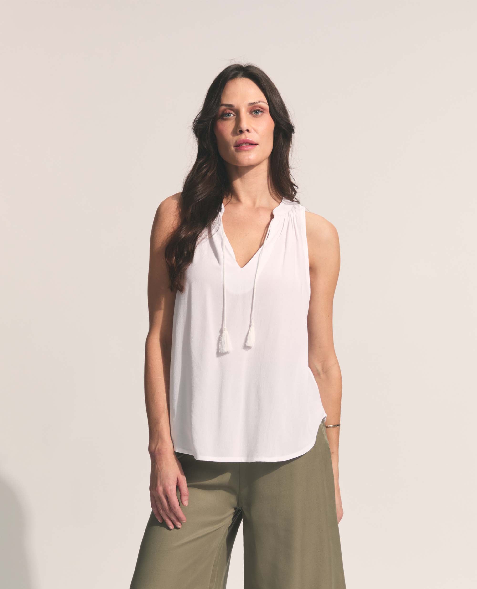Alfama | Tassle Tie Blouse | White