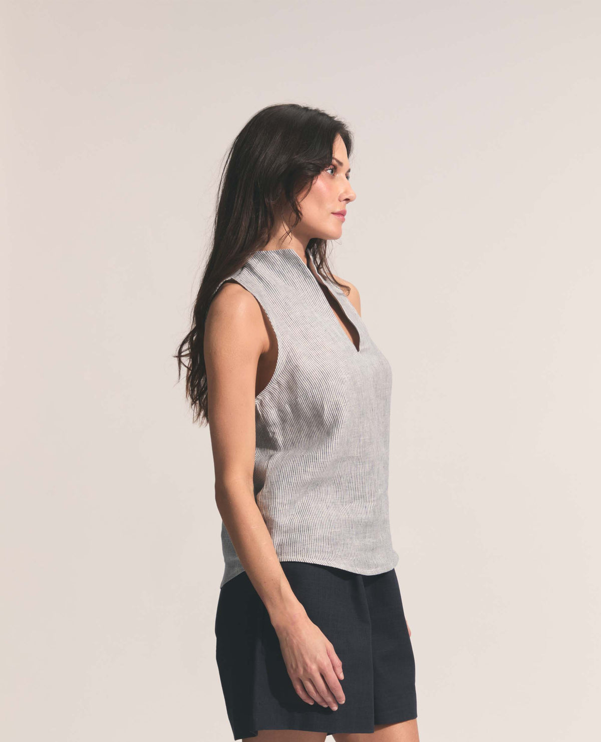 Solana | Stand Collar Top | Navy Stripe