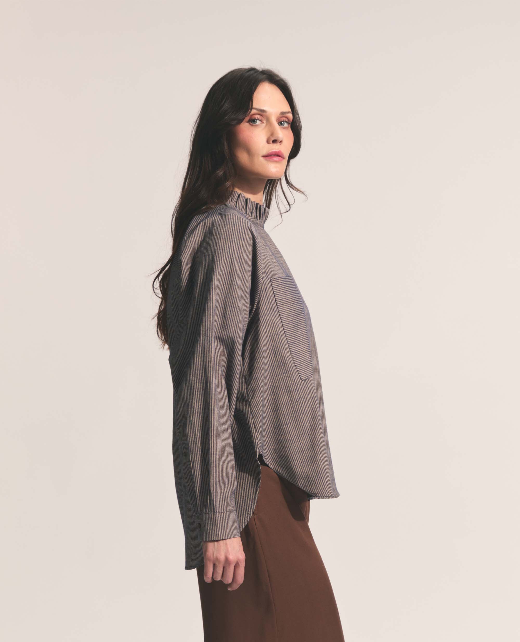 Luisa | Frill Neck Blouse | Navy & Tan Stripe